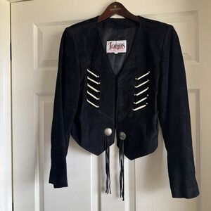 VTG Diamond Leathers Suede Size M Made In USA Black Fringe Crop Jacket